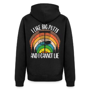 Disc Golf Spruch I Like Big Putts And I Cannot Lie - Unisex Premium Bio Zip Hoodie - Schwarz - Hinten - Nico (187cm)