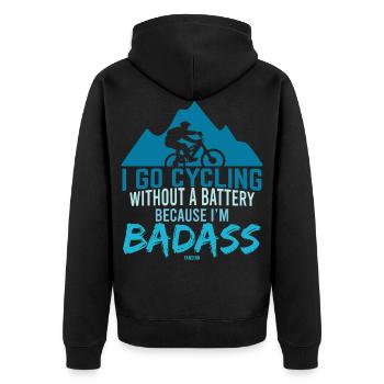 Fahrradfahren ohne Akku knallhart - Unisex Premium Bio Zip Hoodie - Schwarz - Hinten - Nico (187cm)
