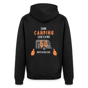 Camping, 50. Geburtstag, Geschenk, Geschenkidee, - Unisex Premium Bio Zip Hoodie - Schwarz - Hinten - Nico (187cm)