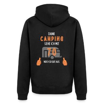 Camping, 70. Geburtstag, Geschenk, Geschenkidee, - Unisex Premium Bio Zip Hoodie - Schwarz - Hinten - Nico (187cm)