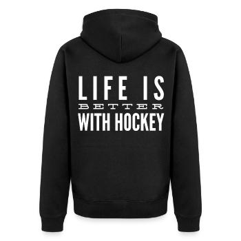 Mit Hockey ist das Leben besser - Unisex Premium Bio Zip Hoodie - Schwarz - Hinten - Nico (187cm)