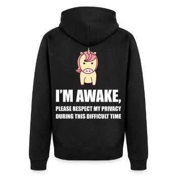 I'm Awake, Please Respect My Privacy - Unisex Premium Organic Zip Hoodie - black - Back - Nico (187cm)