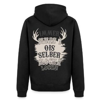 Tracht Lederhose Ois selber mocha Hirsch - Unisex Premium Bio Zip Hoodie - Schwarz - Hinten - Nico (187cm)