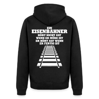 Eisenbahner Eisenbahn Bahngleise Spruch - Unisex Premium Bio Zip Hoodie - Schwarz - Hinten - Nico (187cm)
