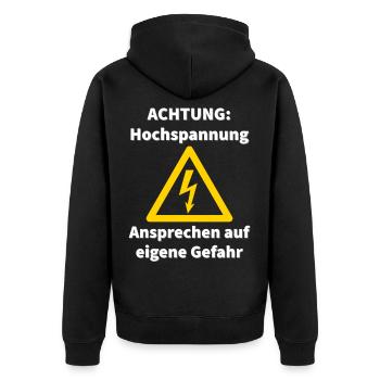 Hochspannung Elektriker unter Strom Fun Sprüche - Unisex Premium Bio Zip Hoodie - Schwarz - Hinten - Nico (187cm)