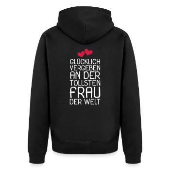 Glücklich vergeben - Unisex Premium Bio Zip Hoodie - Schwarz - Hinten - Nico (187cm)