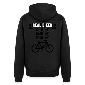 Real Biker, bei jedem Wetter! - Unisex Premium Bio Zip Hoodie - Schwarz - Hinten - Nico (187cm)