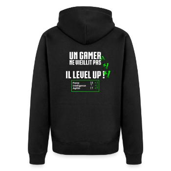 A gamer doesn't age it level up - Unisex Premium Organic Zip Hoodie - black - Back - Nico (187cm)
