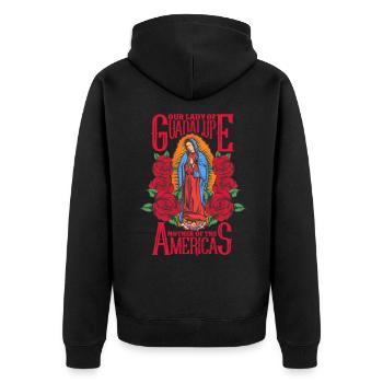 Colorful design of Our Lady of Guadalupe - Unisex Premium Bio Zip Hoodie - Schwarz - Hinten - Nico (187cm)