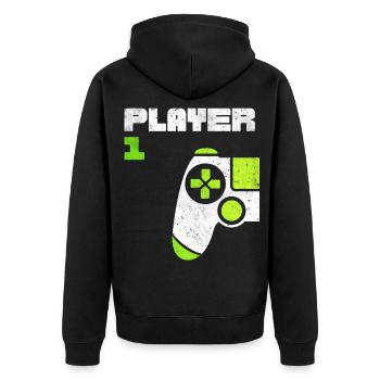 Player 1 Player 2 Gamer Partnerlook - Unisex Premium Bio Zip Hoodie - Schwarz - Hinten - Nico (187cm)