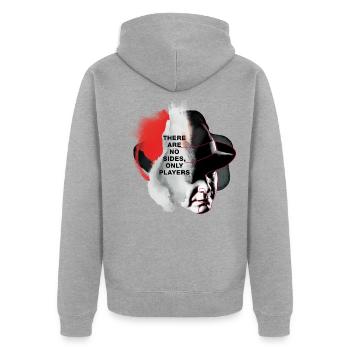 portrait “there are no sides, only players” - Unisex Premium Bio Zip Hoodie - Grau meliert - Hinten - Nico (187cm)
