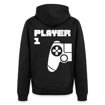 Player 1 Player 2 Gamer Partnerlook - Unisex Premium Bio Zip Hoodie - Schwarz - Hinten - Nico (187cm)
