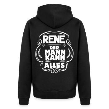 Rene der Mann kann alles - Unisex Premium Bio Zip Hoodie - Schwarz - Hinten - Nico (187cm)