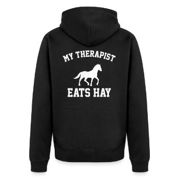 My Therapist Eats Hay, Horse - Unisex Premium Bio Zip Hoodie - Schwarz - Hinten - Nico (187cm)