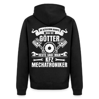 KFZ-Mechatroniker Gott - Unisex Premium Bio Zip Hoodie - Schwarz - Hinten - Nico (187cm)