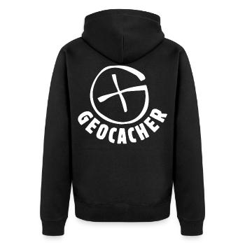 Geocacher - Unisex Premium Bio Zip Hoodie - Schwarz - Hinten - Nico (187cm)