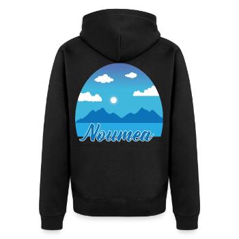 Noumea Traumurlaub in Blau - Unisex Premium Bio Zip Hoodie - Schwarz - Hinten - Nico (187cm)