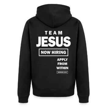 L’équipe Jésus embauche maintenant appliquer de l’intérieur - Veste à capuche bio Premium Unisexe - noir - Dos - Nico (187cm)