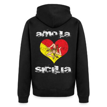 Sizilien Sicilia Herz Flagge - Unisex Premium Bio Zip Hoodie - Schwarz - Hinten - Nico (187cm)
