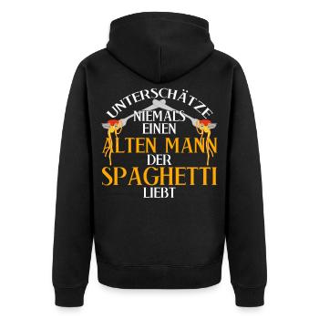 Spaghetti Spruch - lustig - Unisex Premium Bio Zip Hoodie - Schwarz - Hinten - Nico (187cm)