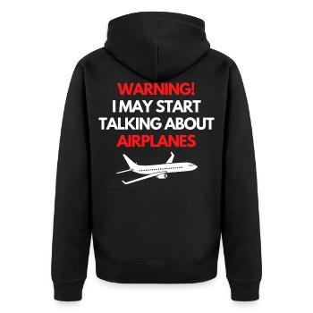 Warning! I may start talking about airplanes! - Unisex Premium Bio Zip Hoodie - Schwarz - Hinten - Nico (187cm)