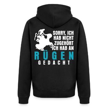 Rügen Urlaub Spruch - Unisex Premium Bio Zip Hoodie - Schwarz - Hinten - Nico (187cm)