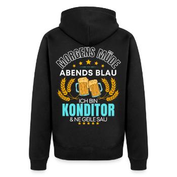 ICH BIN DER KONDITOR DIE GEILE SAU! - BÄCKER - Unisex Premium Bio Zip Hoodie - Schwarz - Hinten - Nico (187cm)