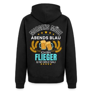ICH BIN DER FLIEGER DIE GEILE SAU! FLIEGER PILOT - Unisex Premium Bio Zip Hoodie - Schwarz - Hinten - Nico (187cm)