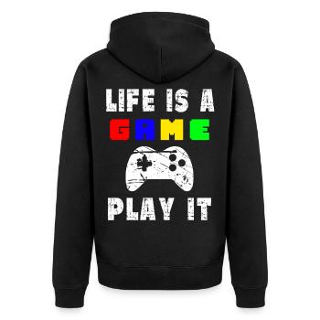 Das Leben Ist Ein Spiel Spielen Sie Es - Unisex Premium Bio Zip Hoodie - Schwarz - Hinten - Nico (187cm)
