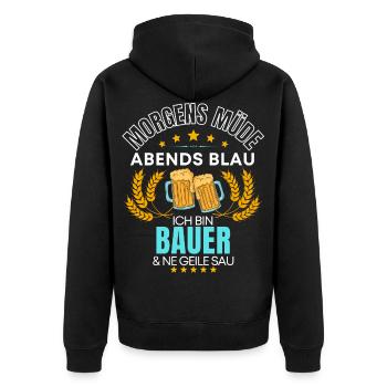 ICH BIN DER BAUER DIE GEILE SAU! LANDWIRT SPRUCH - Unisex Premium Bio Zip Hoodie - Schwarz - Hinten - Nico (187cm)