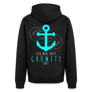 Grömitz Spruch - Unisex Premium Bio Zip Hoodie - Schwarz - Hinten - Nico (187cm)
