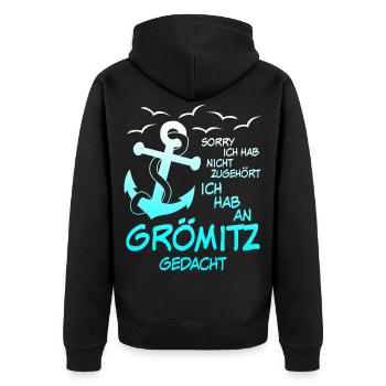 Grömitz Spruch mit Anker - Unisex Premium Bio Zip Hoodie - Schwarz - Hinten - Nico (187cm)