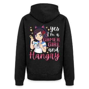 Yes I'm A Gamer Girl Hangry Angry Anime Hungry - Unisex Premium Bio Zip Hoodie - Schwarz - Hinten - Nico (187cm)