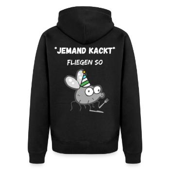 Jemand Kackt - Fliegen so, lustiger Spruch Witz - Unisex Premium Bio Zip Hoodie - Schwarz - Hinten - Nico (187cm)