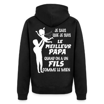 Papa, idée cadeau papa et fils complices - Veste à capuche bio Premium Unisexe - noir - Dos - Nico (187cm)