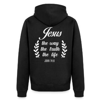 Christlicher Bibelvers Religion Kreuz - Unisex Premium Bio Zip Hoodie - Schwarz - Hinten - Nico (187cm)
