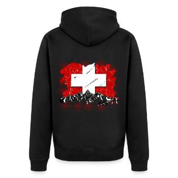 Schweiz Swiss Schweizer Geschenk Alpen Berge Fahne - Unisex Premium Bio Zip Hoodie - Schwarz - Hinten - Nico (187cm)