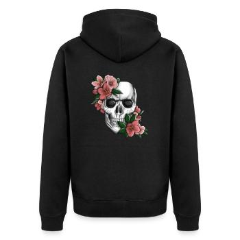 Totenkopf mit Blüten - Unisex Premium Bio Zip Hoodie - Schwarz - Hinten - Nico (187cm)