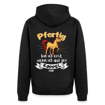 Pfertig mit Pferd Pferdefan und Reiterin - Unisex Premium Bio Zip Hoodie - Schwarz - Hinten - Nico (187cm)
