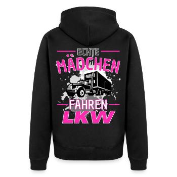 ECHTE MÄDCHEN FAHREN LKW! Truckerin Lastwagen LKW - Unisex Premium Bio Zip Hoodie - Schwarz - Hinten - Nico (187cm)
