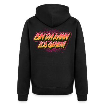 Bin da kann los gehen Spruch Shirt Geschenkidee - Unisex Premium Bio Zip Hoodie - Schwarz - Hinten - Nico (187cm)