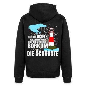 Borkum Insel Spruch - Unisex Premium Bio Zip Hoodie - Schwarz - Hinten - Nico (187cm)