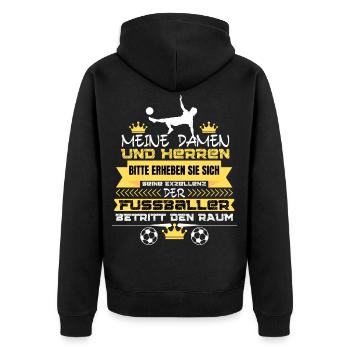 LUSTIGER FUSSBALLSPIELER SPRUCH - DAS FUSSBALLER - Unisex Premium Bio Zip Hoodie - Schwarz - Hinten - Nico (187cm)