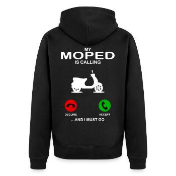 moped - Unisex Premium Bio Zip Hoodie - Schwarz - Hinten - Nico (187cm)