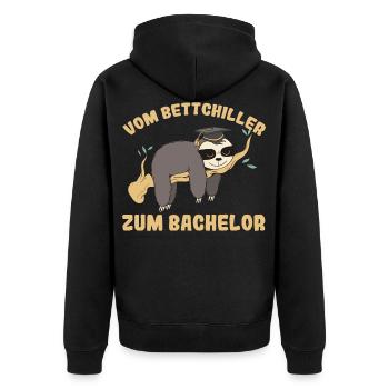 Bachelor Abschluss Uni Faultier Geschenk lustig - Unisex Premium Bio Zip Hoodie - Schwarz - Hinten - Nico (187cm)
