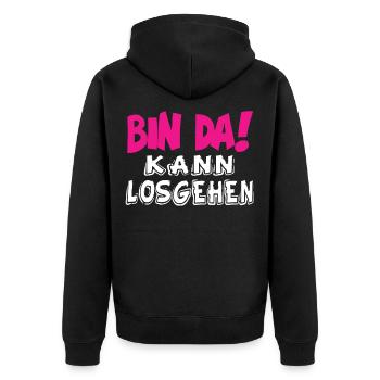 Bin Da Kann Losgehen - Lustige Sprüche Ironie - Unisex Premium Bio Zip Hoodie - Schwarz - Hinten - Nico (187cm)