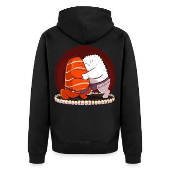 Japanese Sumo Sushi Salmon Hug Maki Nigiri Sashimi - Unisex Premium Organic Zip Hoodie - black - Back - Nico (187cm)