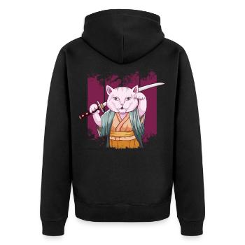 Japanese Samurai Maneki Neko Cat Katana Aesthetic - Unisex Premium Organic Zip Hoodie - black - Back - Nico (187cm)