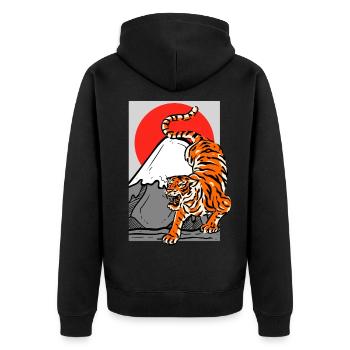 Tiger Aesthetic Japan Mt. Fuji Fujiyama Red Sun - Unisex Premium Bio Zip Hoodie - Schwarz - Hinten - Nico (187cm)