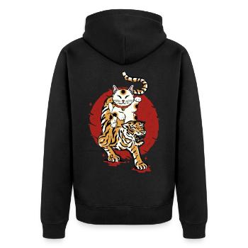 Tiger Maneki Neko Lucky Katze Japanisch Aesthetic - Unisex Premium Bio Zip Hoodie - Schwarz - Hinten - Nico (187cm)